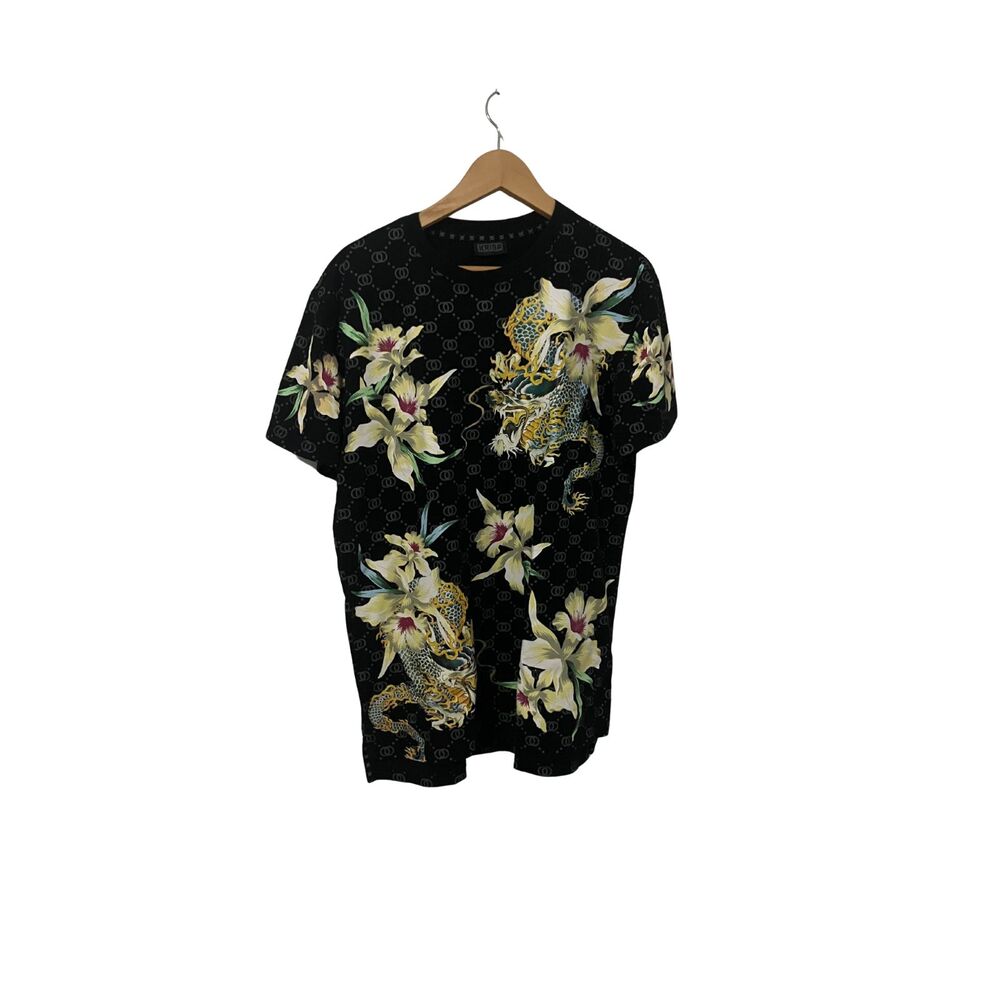 KRISP Designer T-Shirt Black with Golden Dragon & Lily Print - Picture 3 of 8